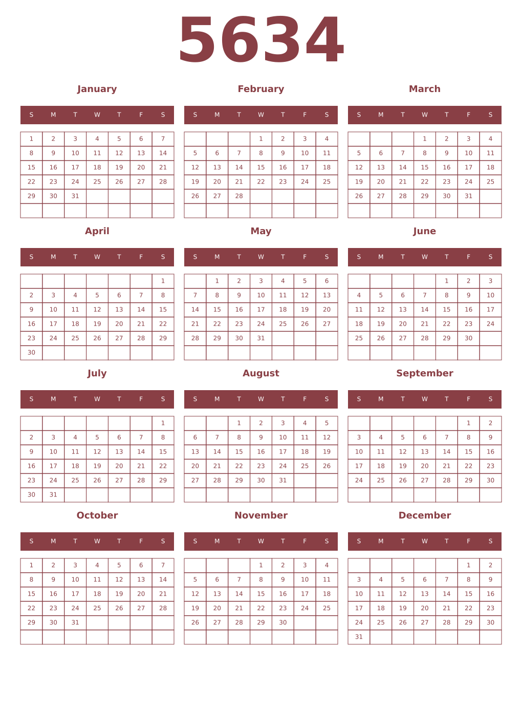 Printable 5634 Year Calendars cordovan