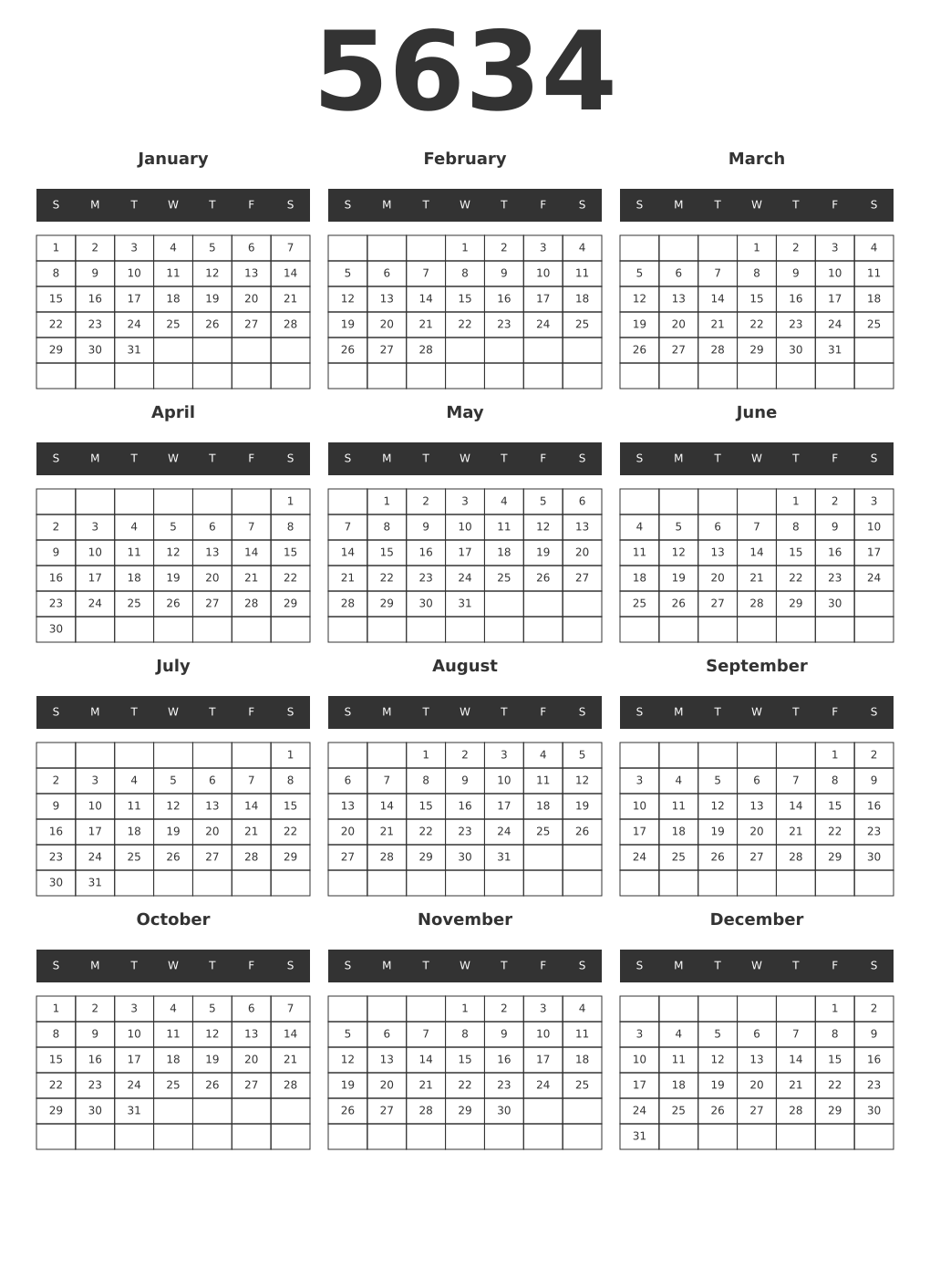 Printable 5634 Year Calendars dark