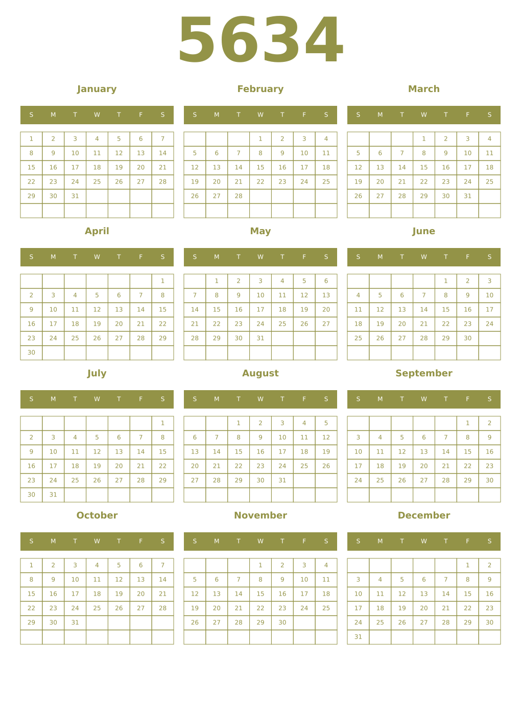 Printable 5634 Year Calendars eburnean