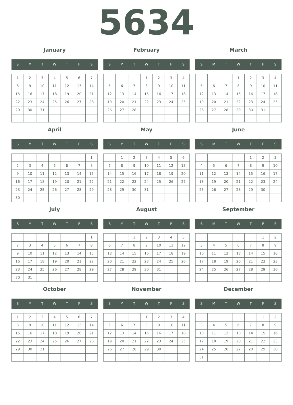 Printable 5634 Year Calendars feldgrau