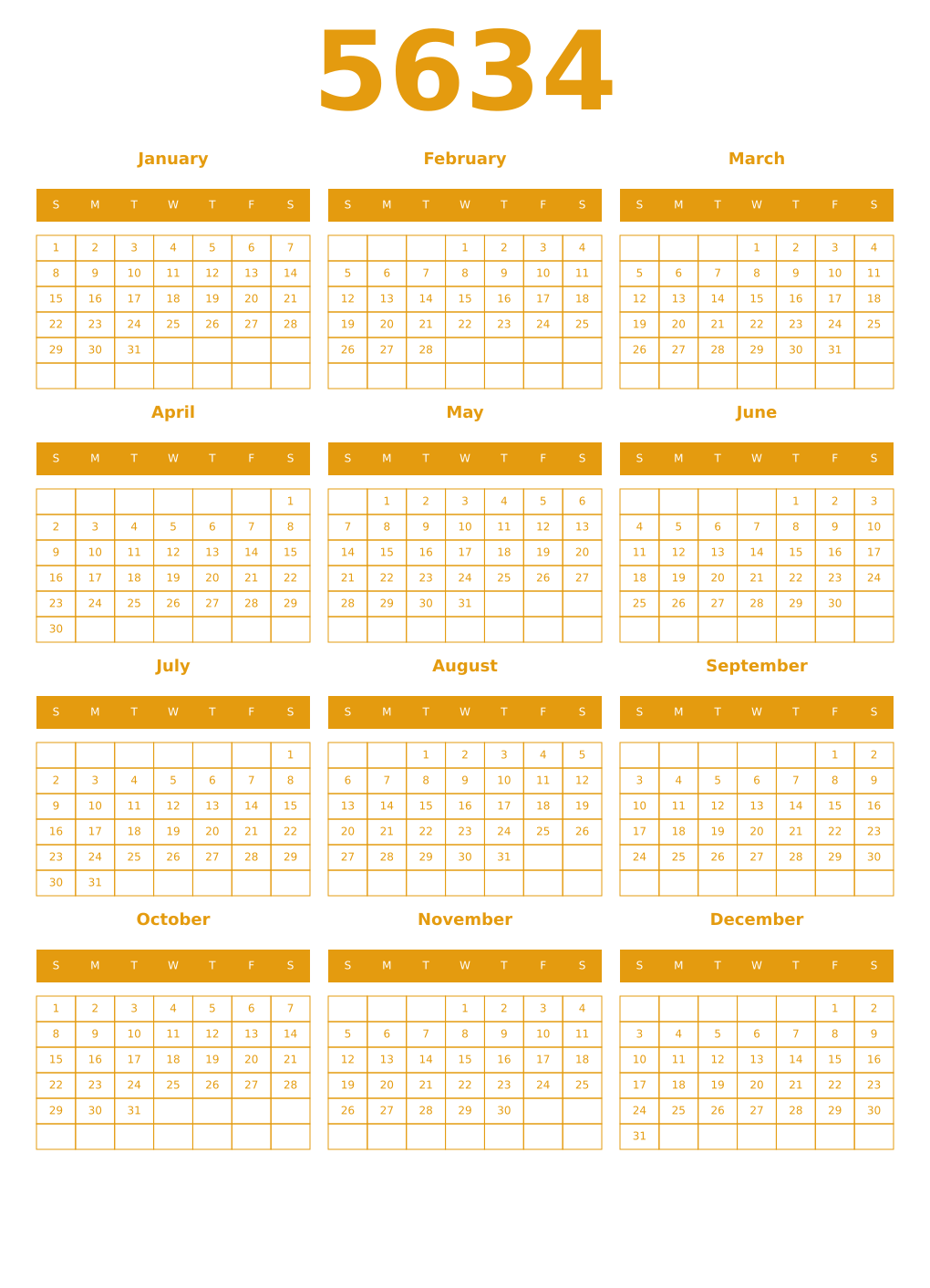 Printable 5634 Year Calendars gamboge
