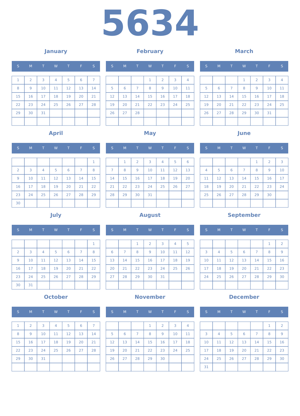 Printable 5634 Year Calendars glaucous