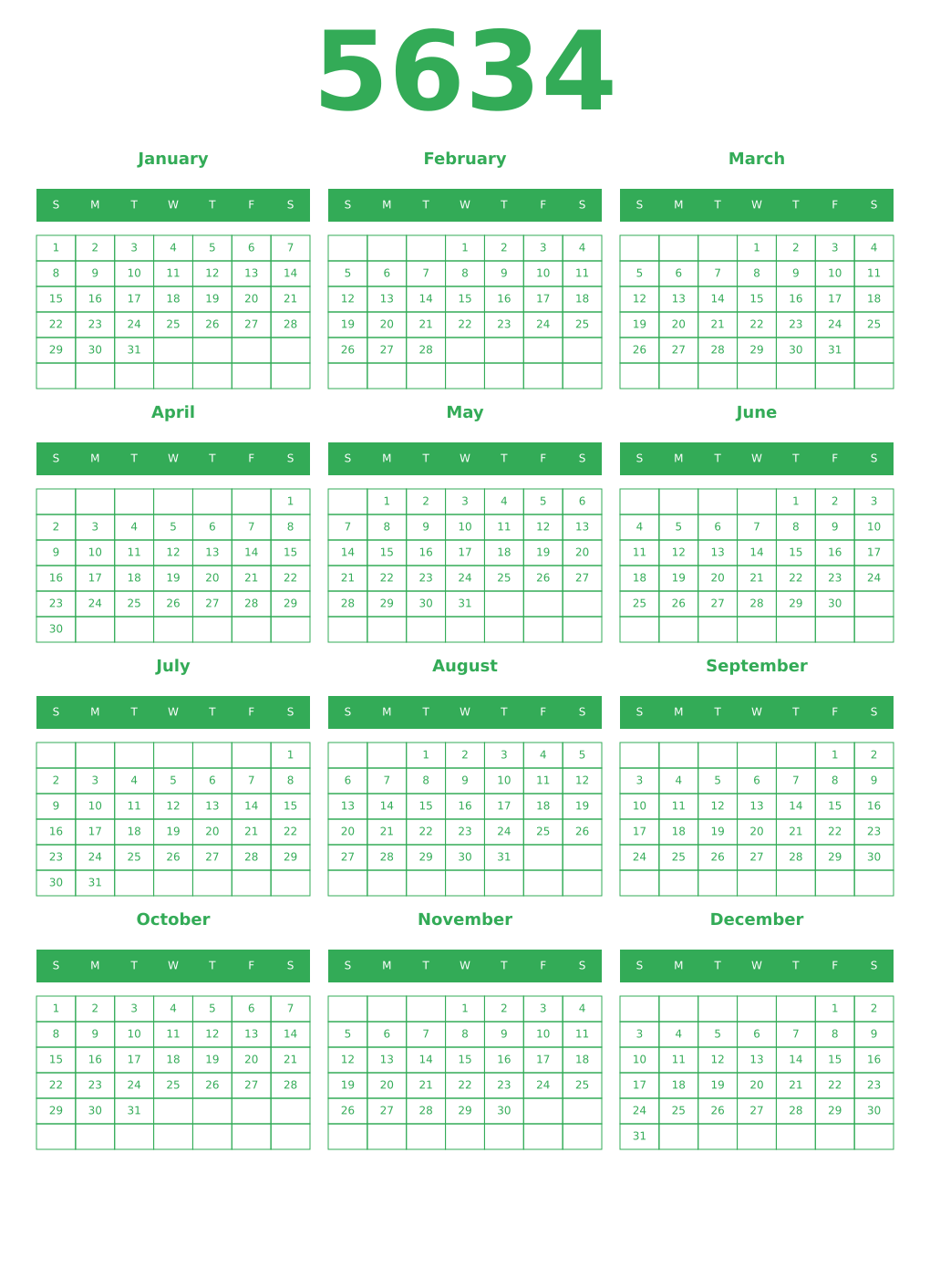 Printable 5634 Year Calendars green