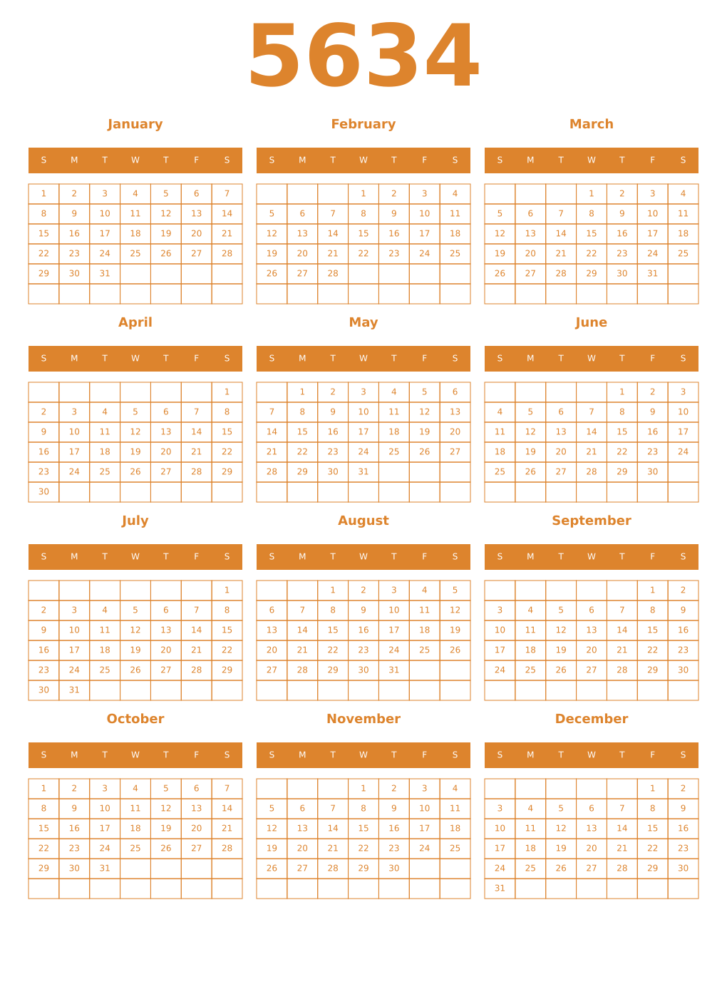 Printable 5634 Year Calendars orange