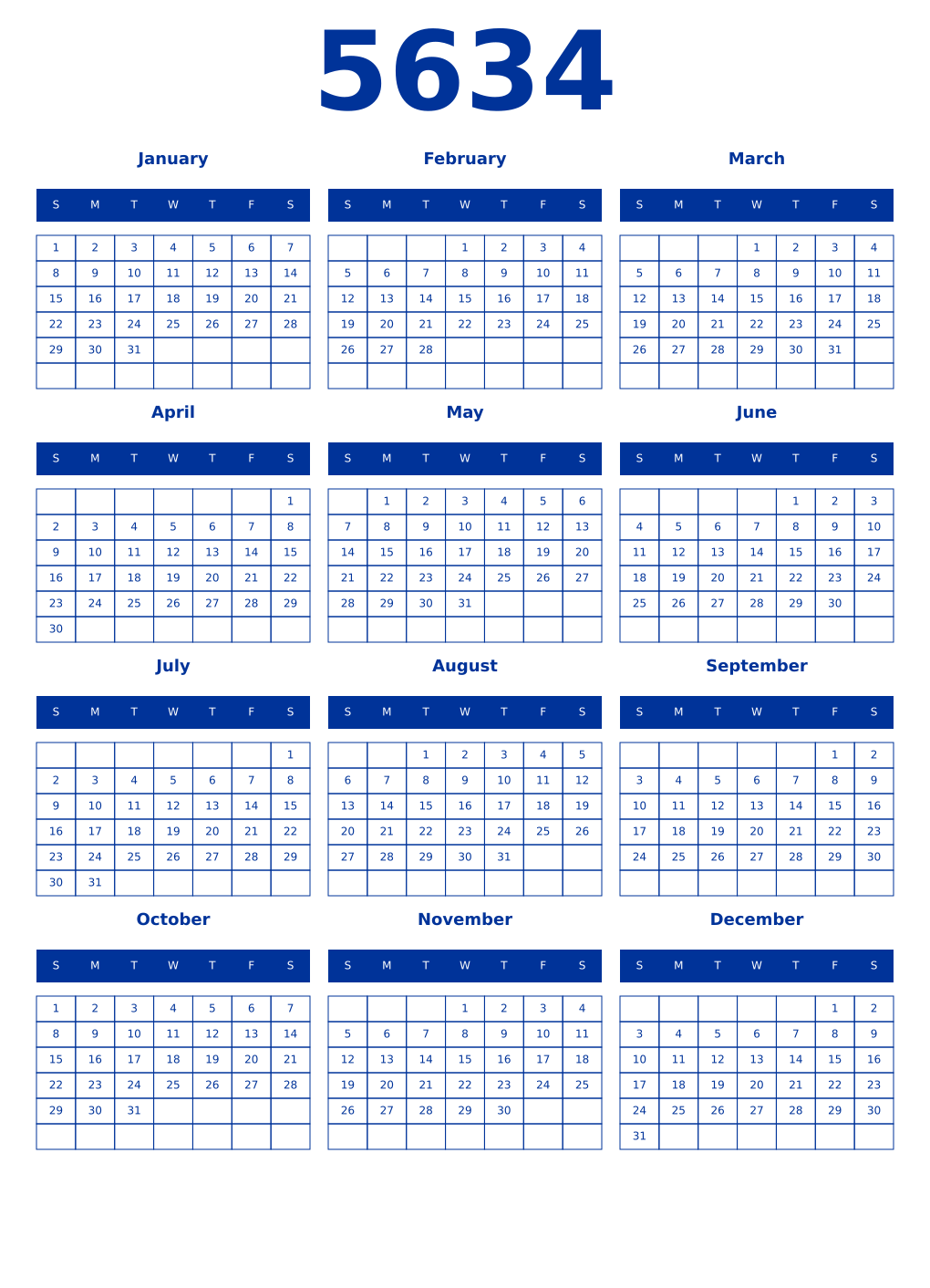 Printable 5634 Year Calendars smalt