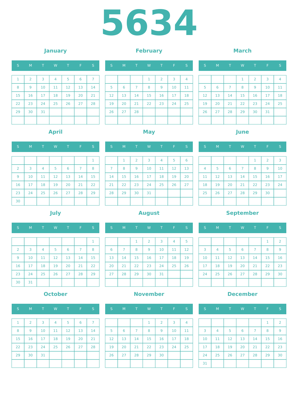 Printable 5634 Year Calendars verdigris