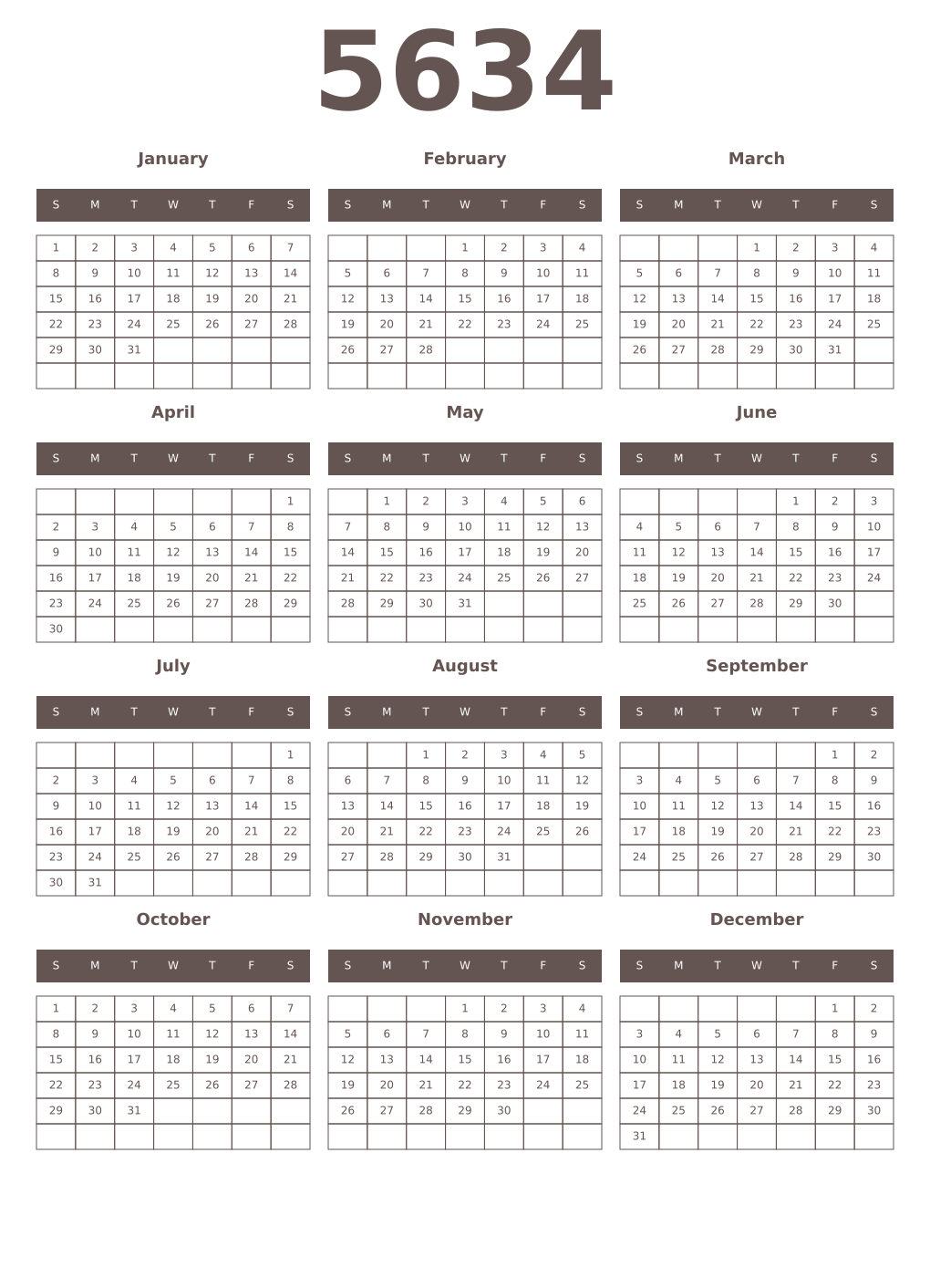 Printable 5634 Year Calendars wenge