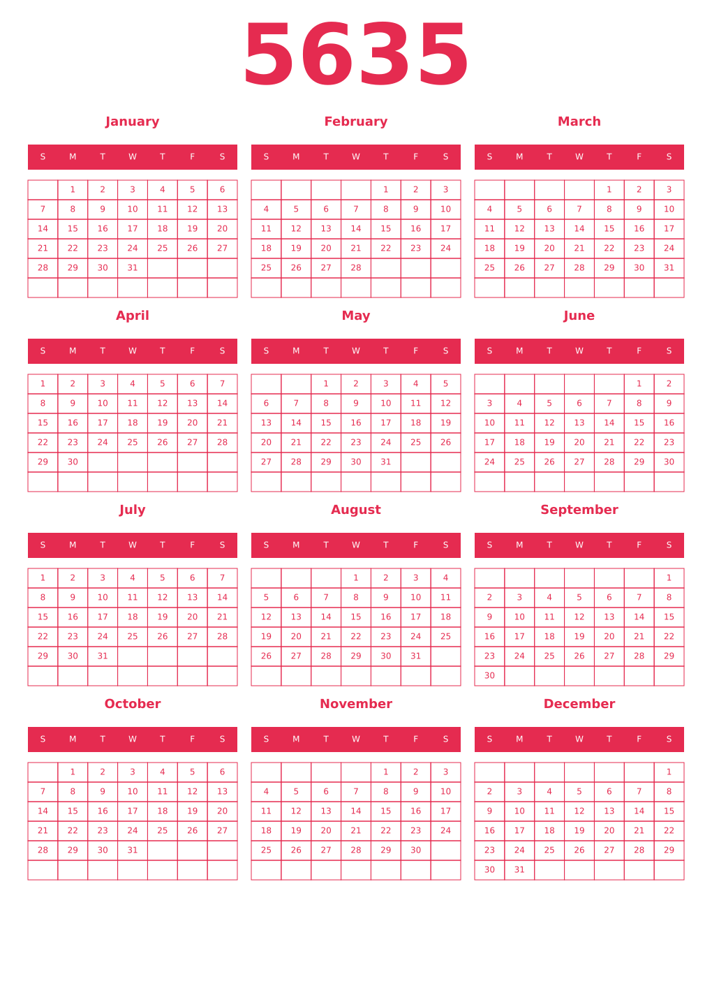 Printable 5635 Year Calendars amaranth