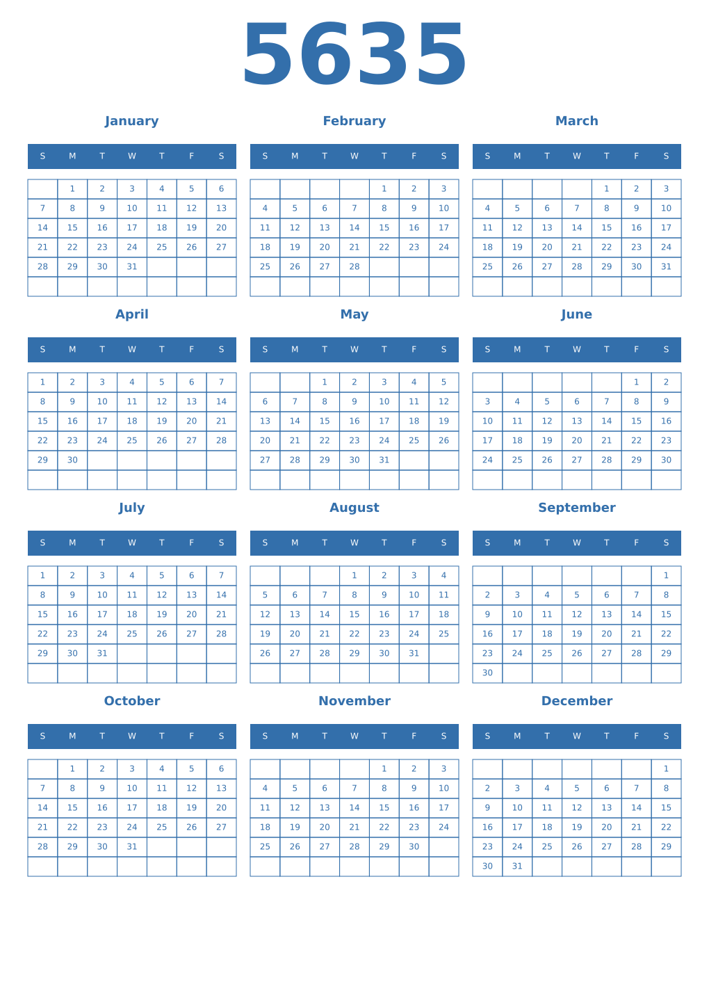 Printable 5635 Year Calendars blue