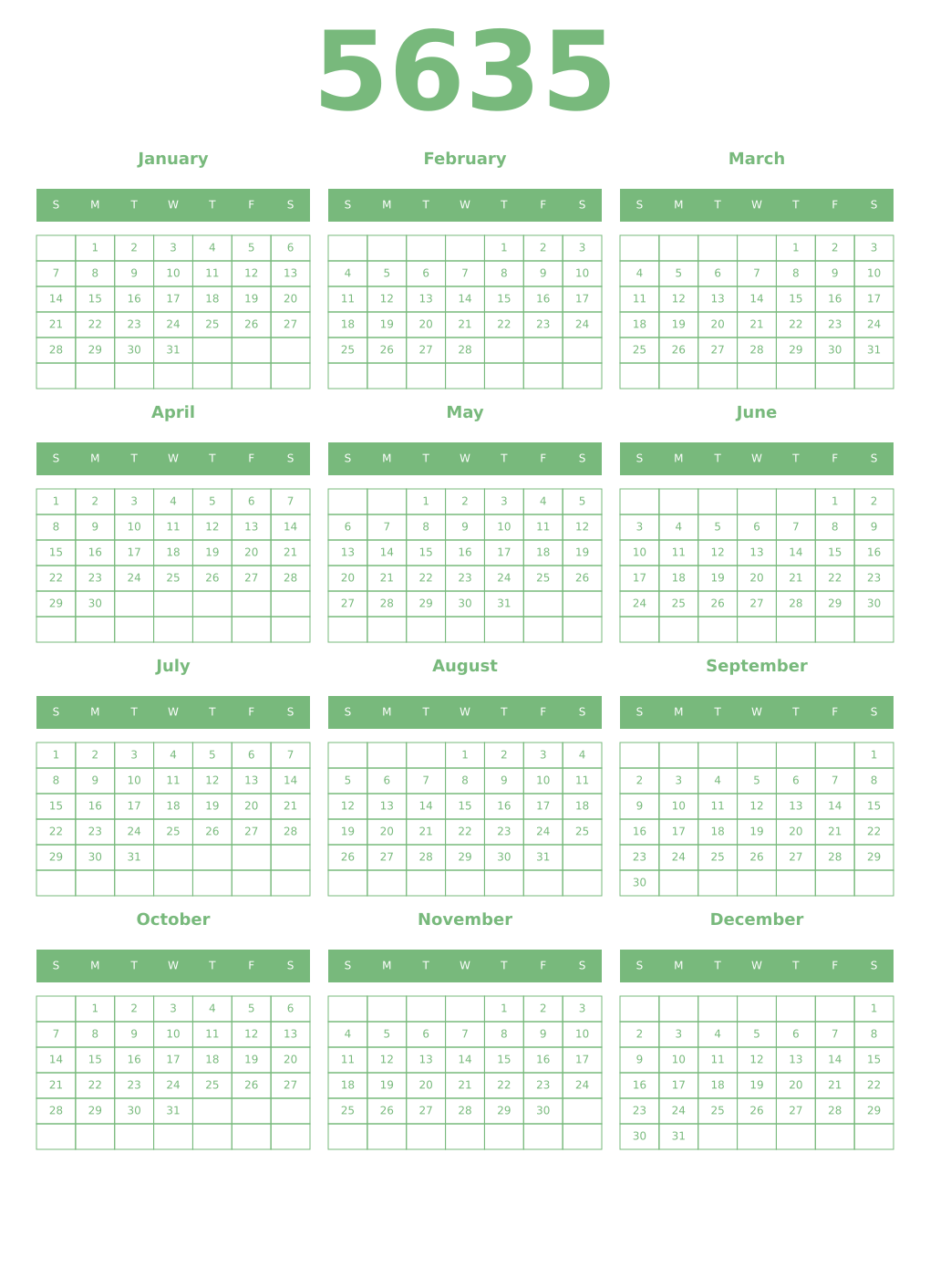 Printable 5635 Year Calendars celadon