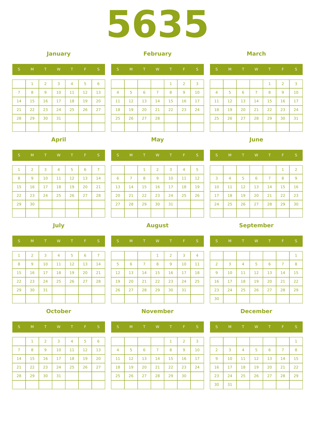 Printable 5635 Year Calendars chartreuse
