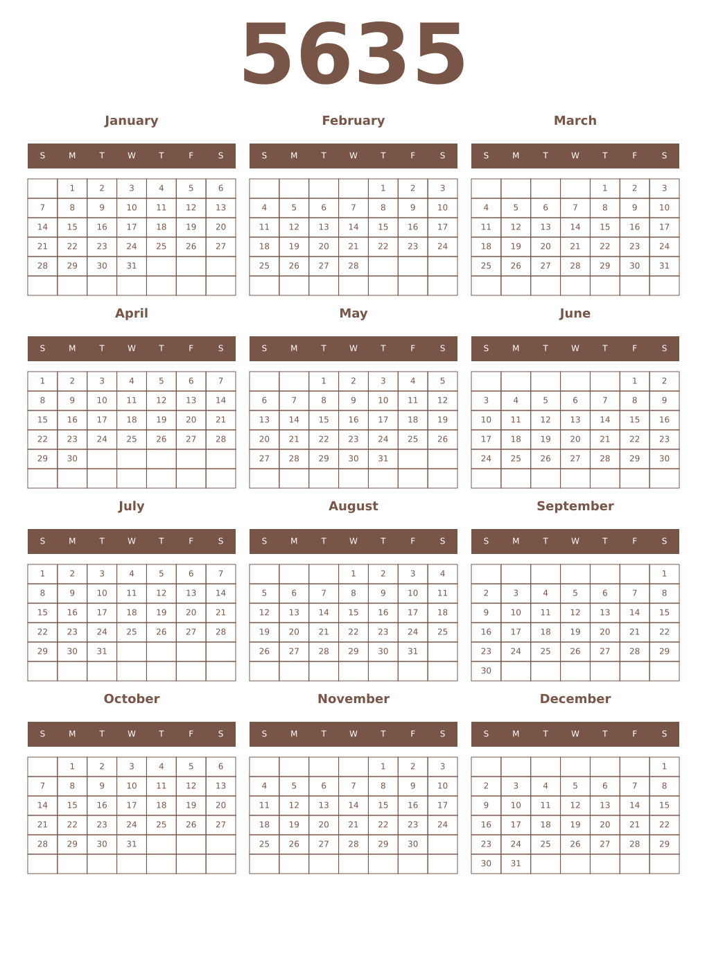 Printable 5635 Year Calendars coffe