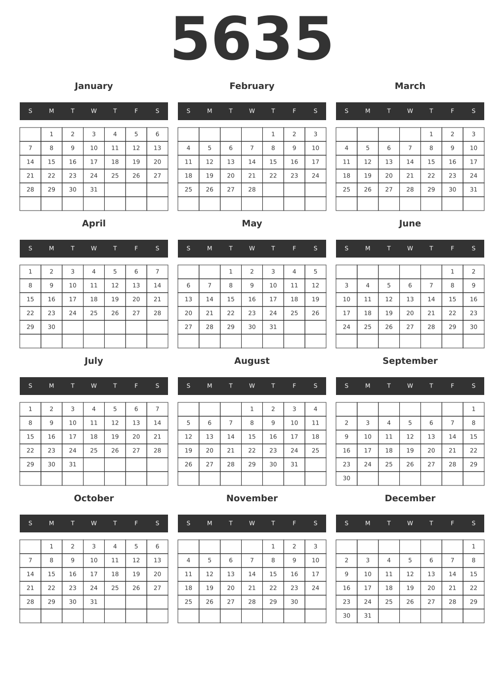 Printable 5635 Year Calendars dark