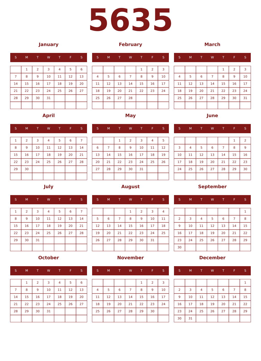 Printable 5635 Year Calendars falu