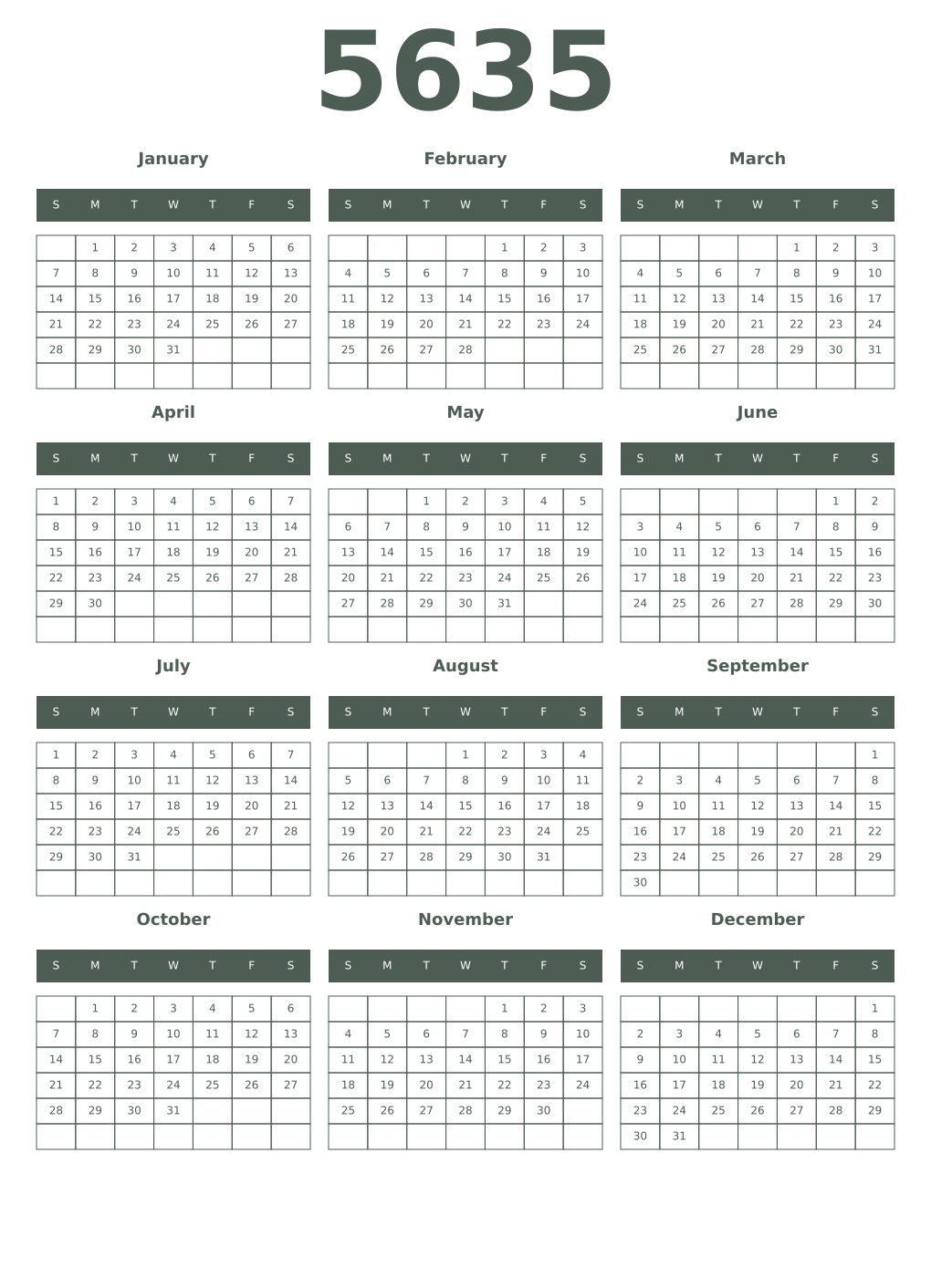 Printable 5635 Year Calendars feldgrau