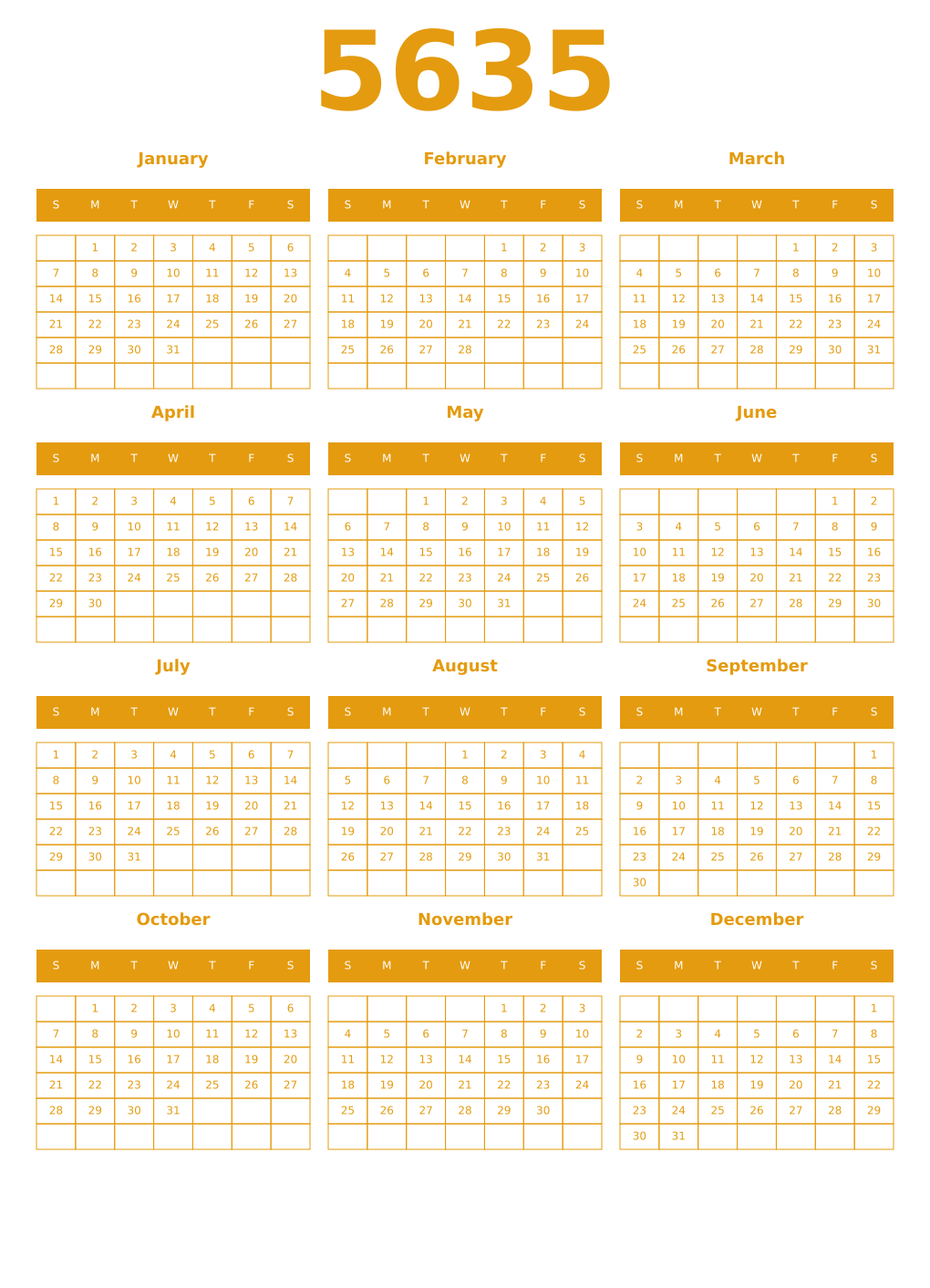 Printable 5635 Year Calendars gamboge