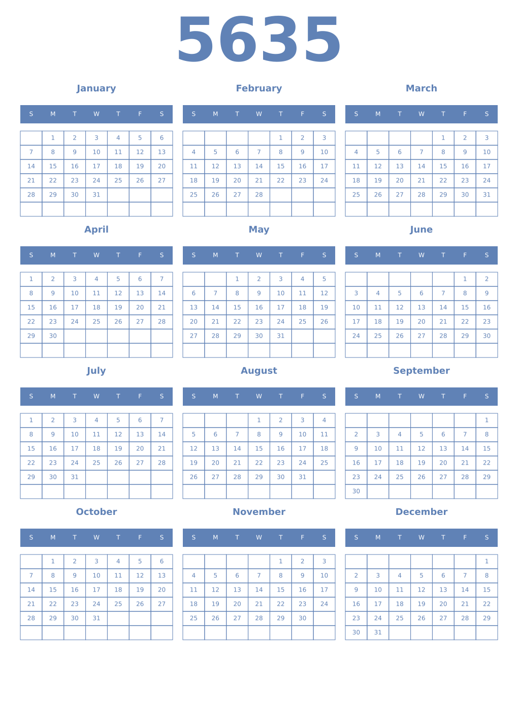 Printable 5635 Year Calendars glaucous