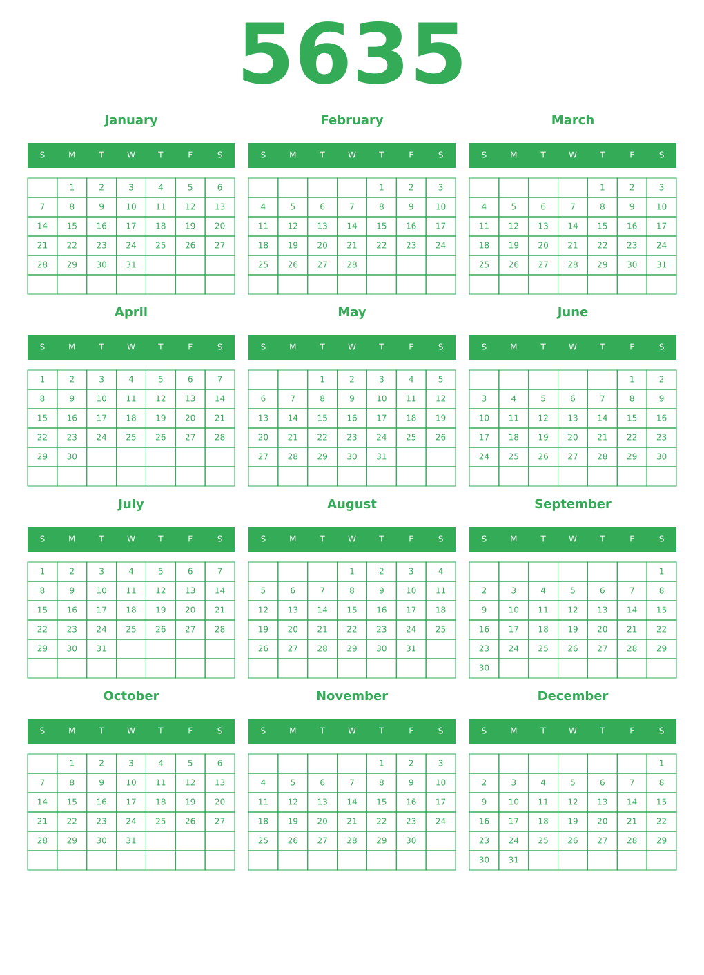 Printable 5635 Year Calendars green