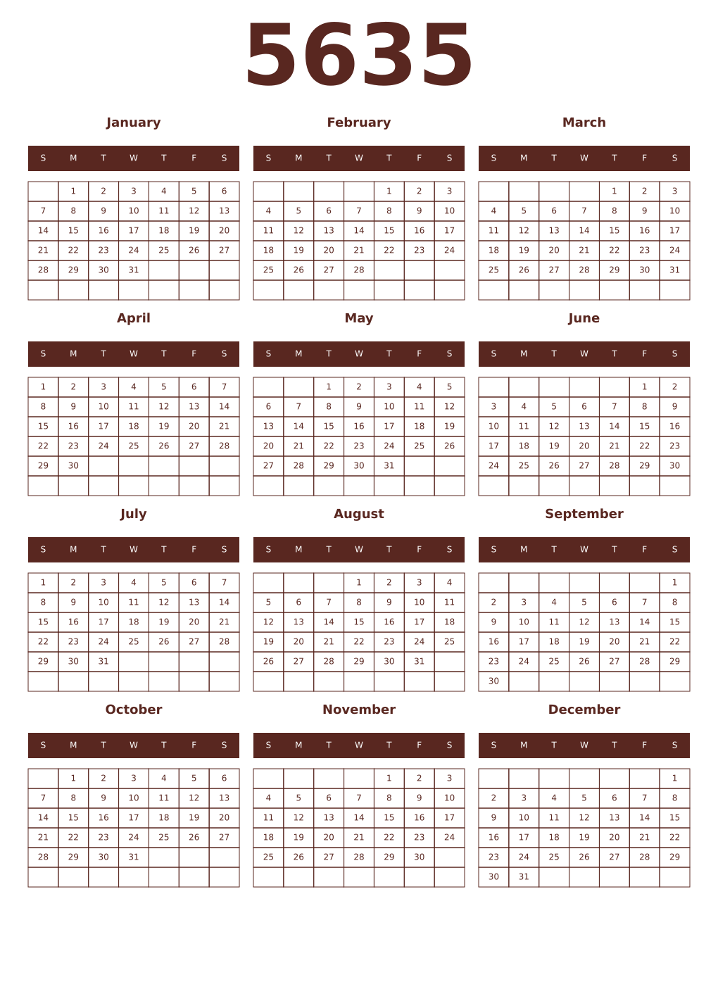 Printable 5635 Year Calendars mortuum