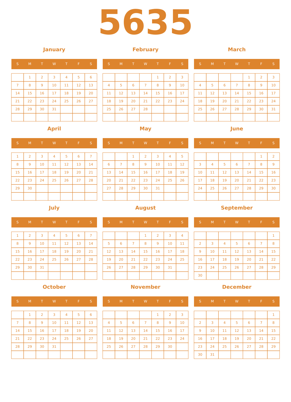Printable 5635 Year Calendars orange