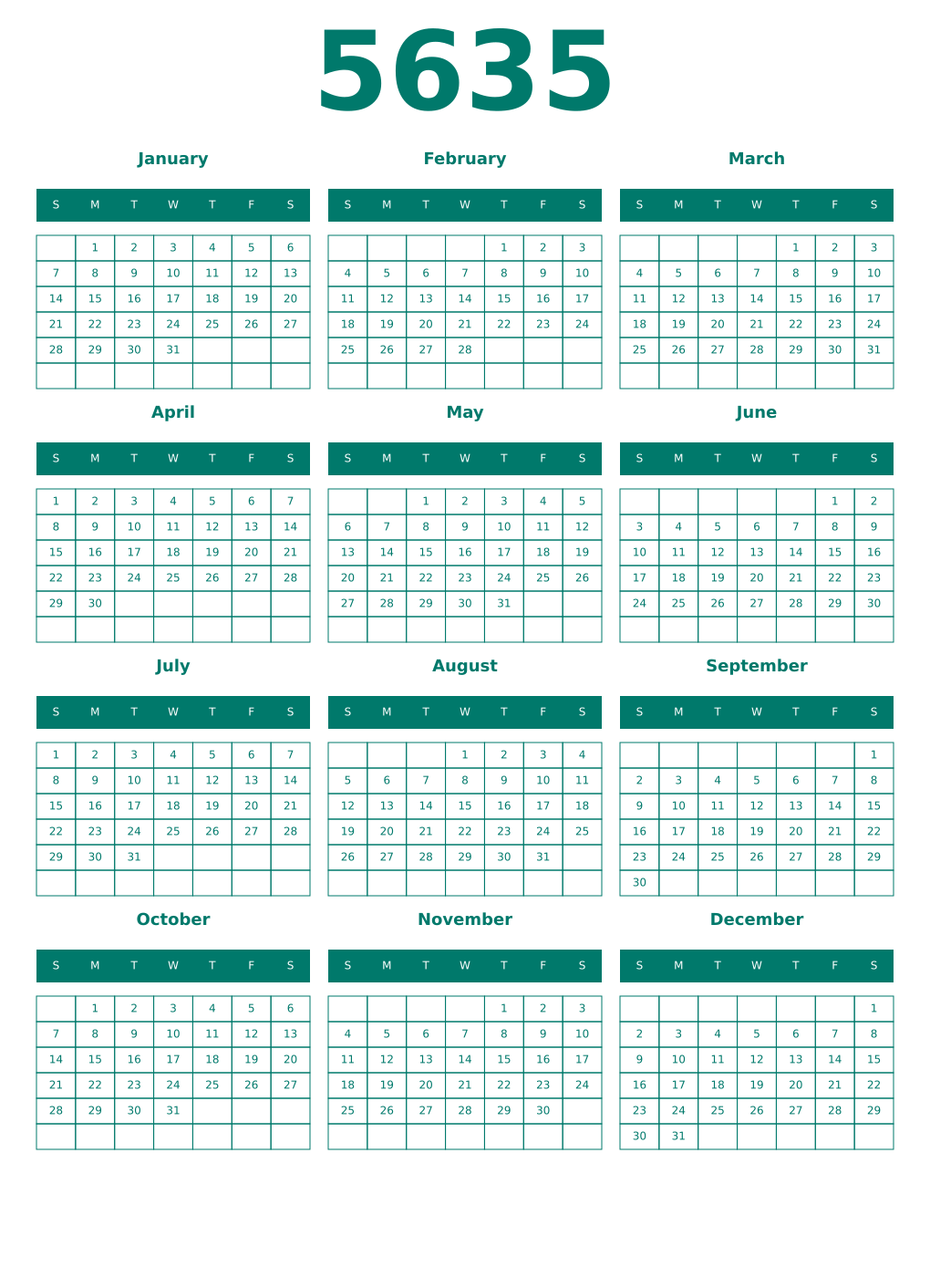 Printable 5635 Year Calendars pastel