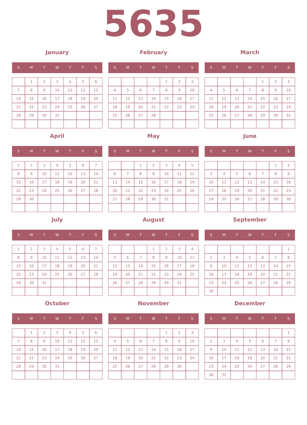 Printable 5635 Year Calendars puce
