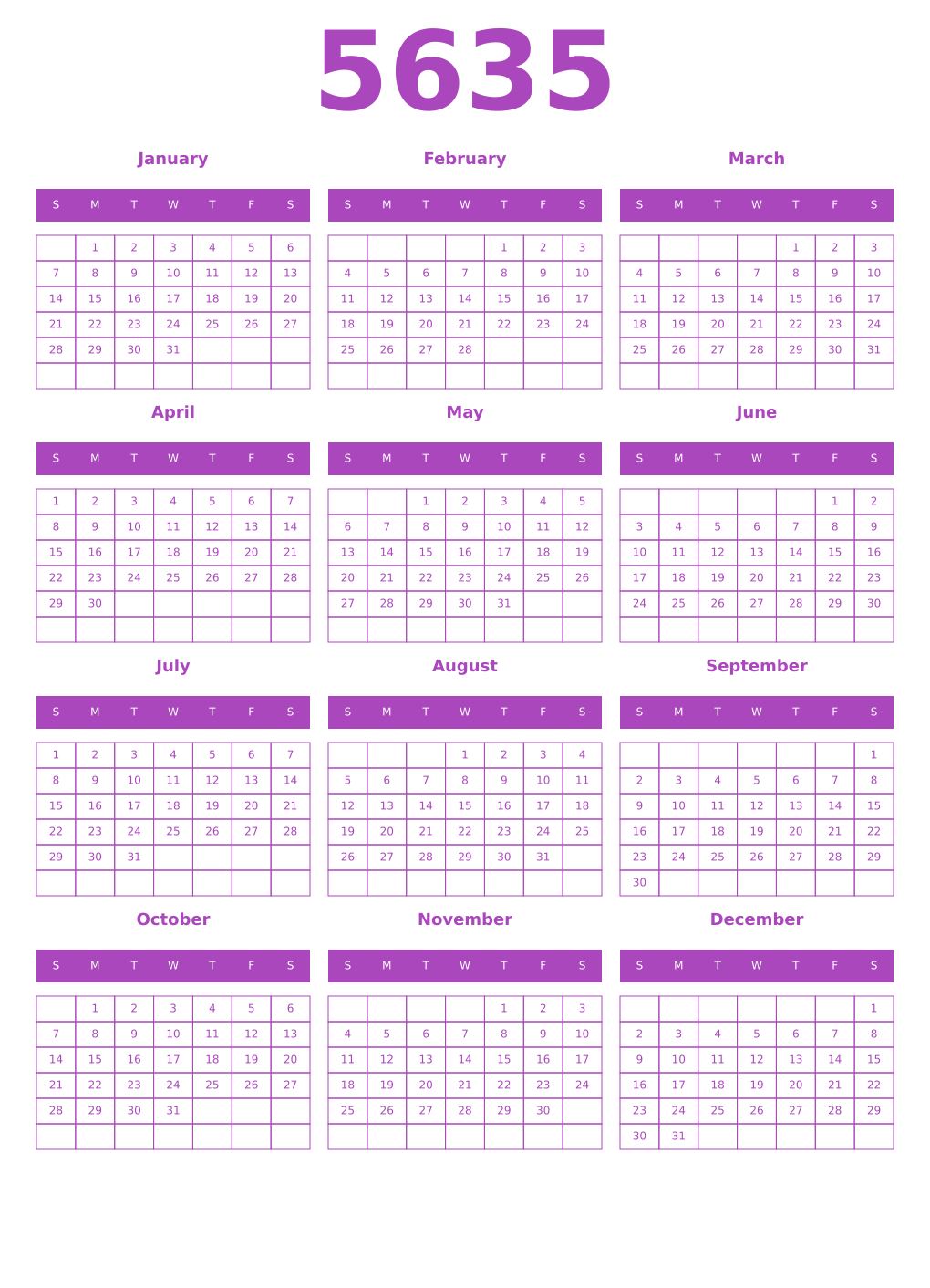 Printable 5635 Year Calendars purple