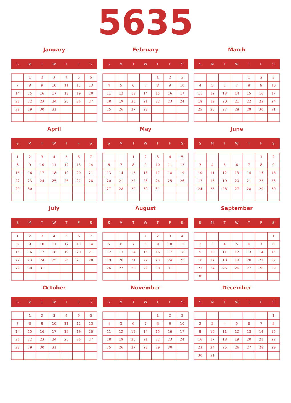 Printable 5635 Year Calendars red