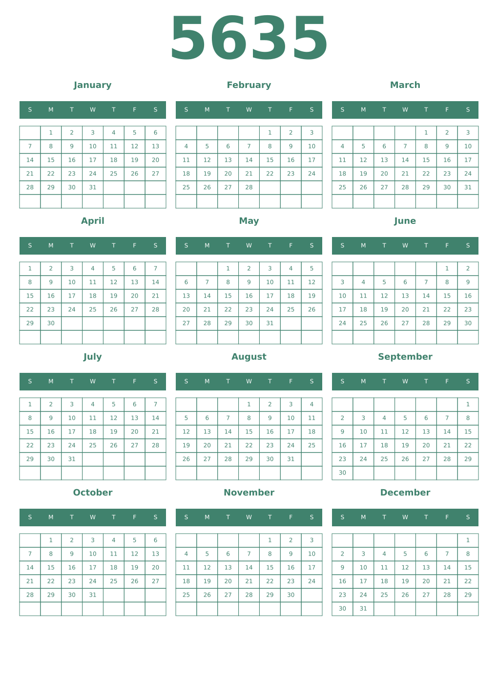 Printable 5635 Year Calendars viridian