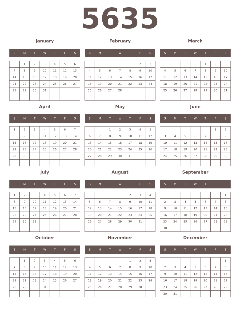 Printable 5635 Year Calendars wenge