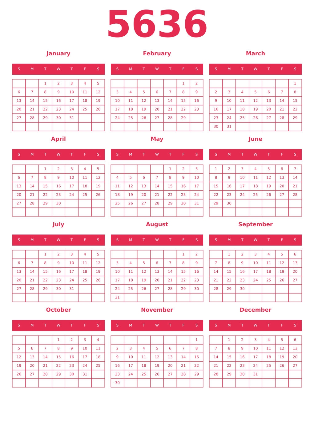 Printable 5636 Year Calendars amaranth