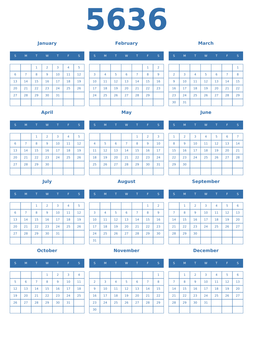Printable 5636 Year Calendars blue