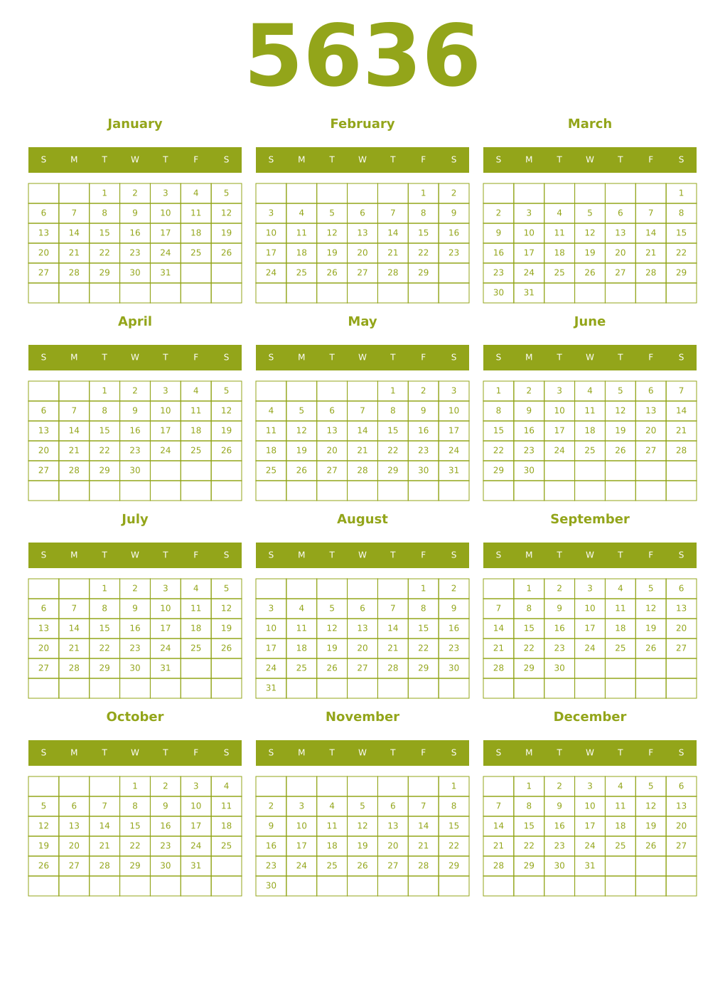 Printable 5636 Year Calendars chartreuse