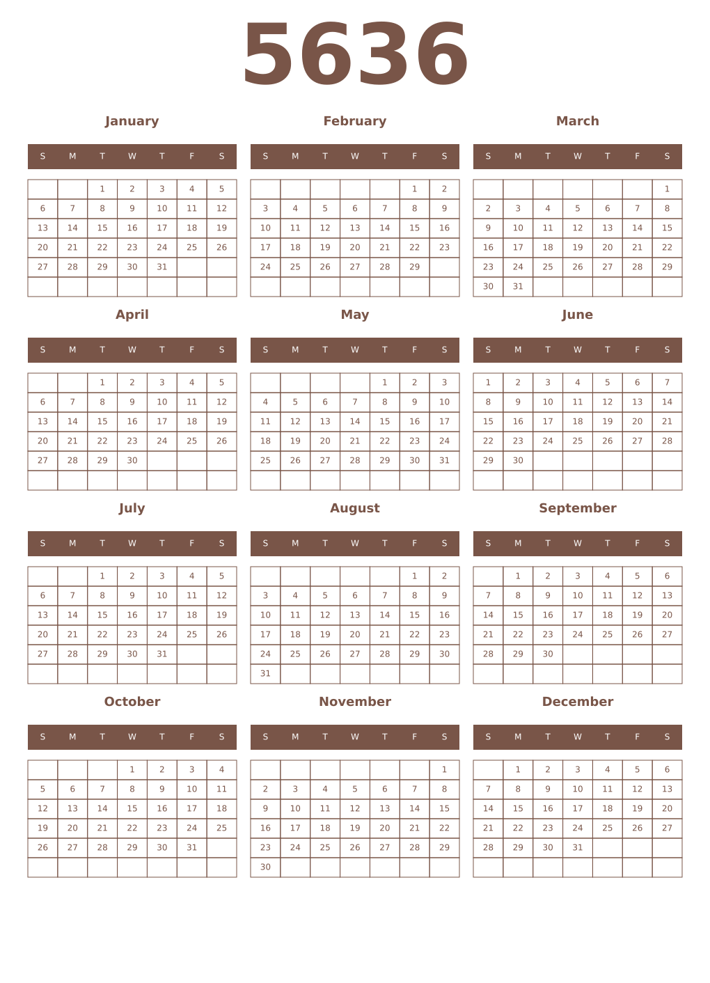 Printable 5636 Year Calendars coffe