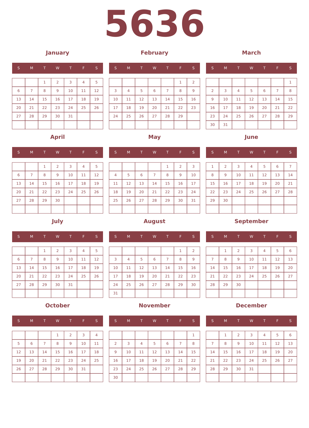 Printable 5636 Year Calendars cordovan