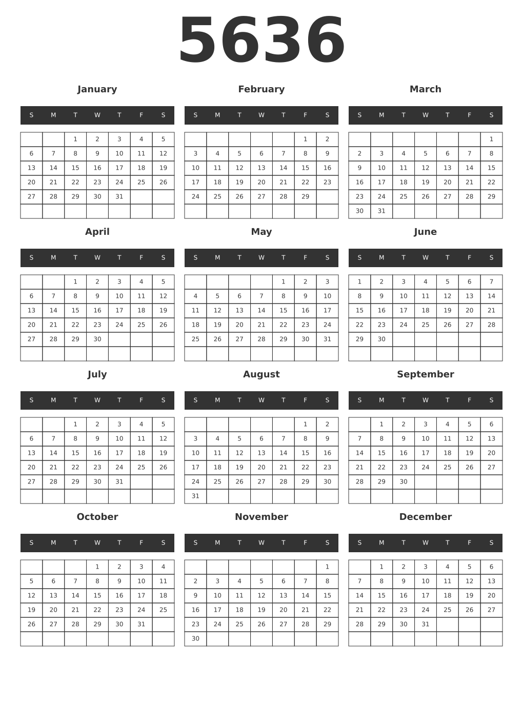 Printable 5636 Year Calendars dark