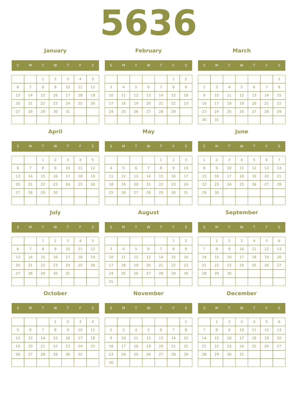 Printable 5636 Year Calendars eburnean