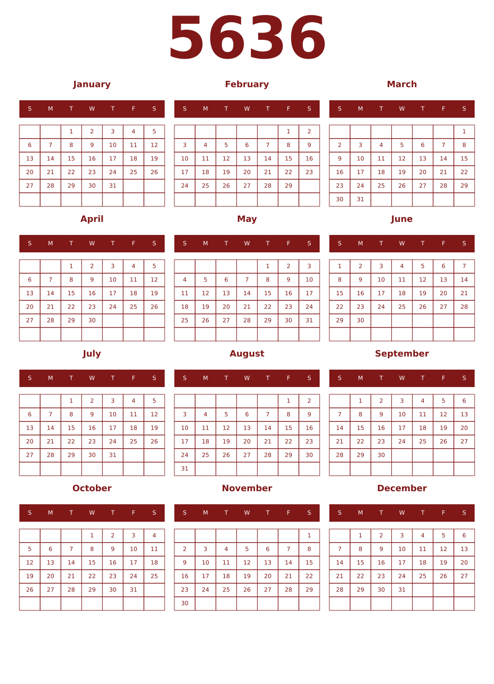 Printable 5636 Year Calendars falu