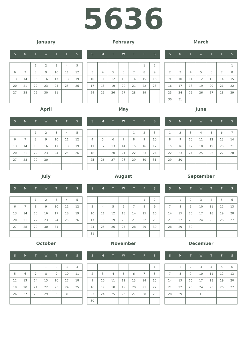 Printable 5636 Year Calendars feldgrau