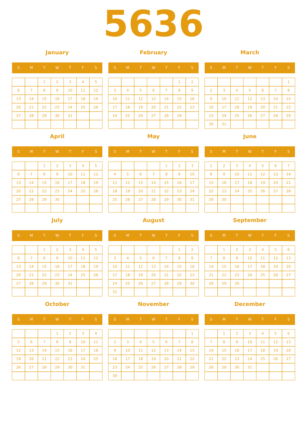 Printable 5636 Year Calendars gamboge