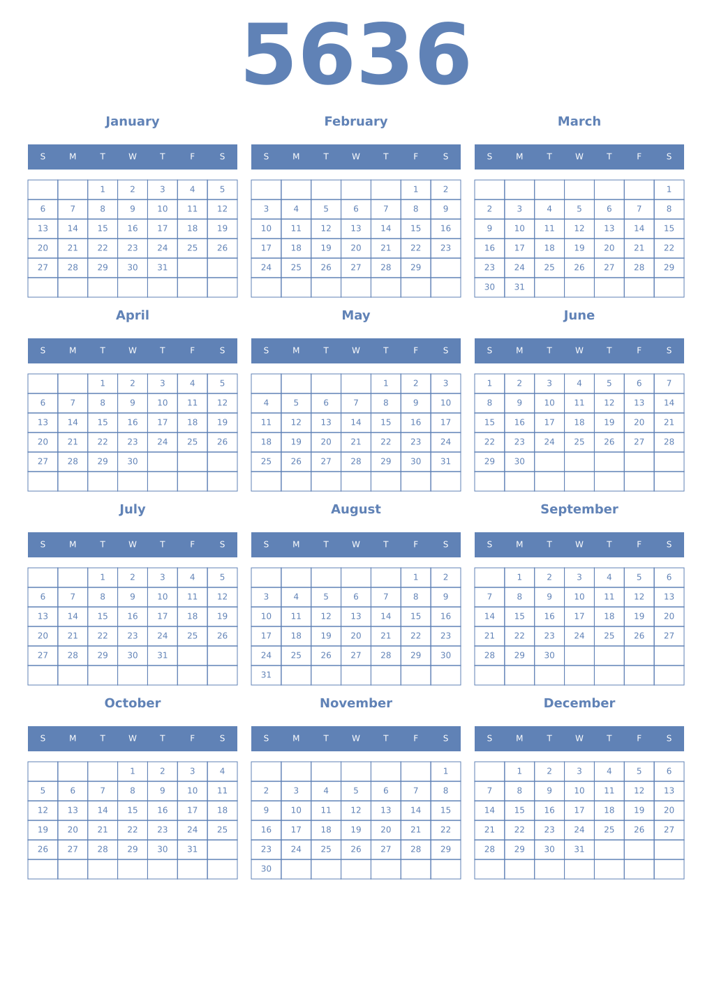 Printable 5636 Year Calendars glaucous