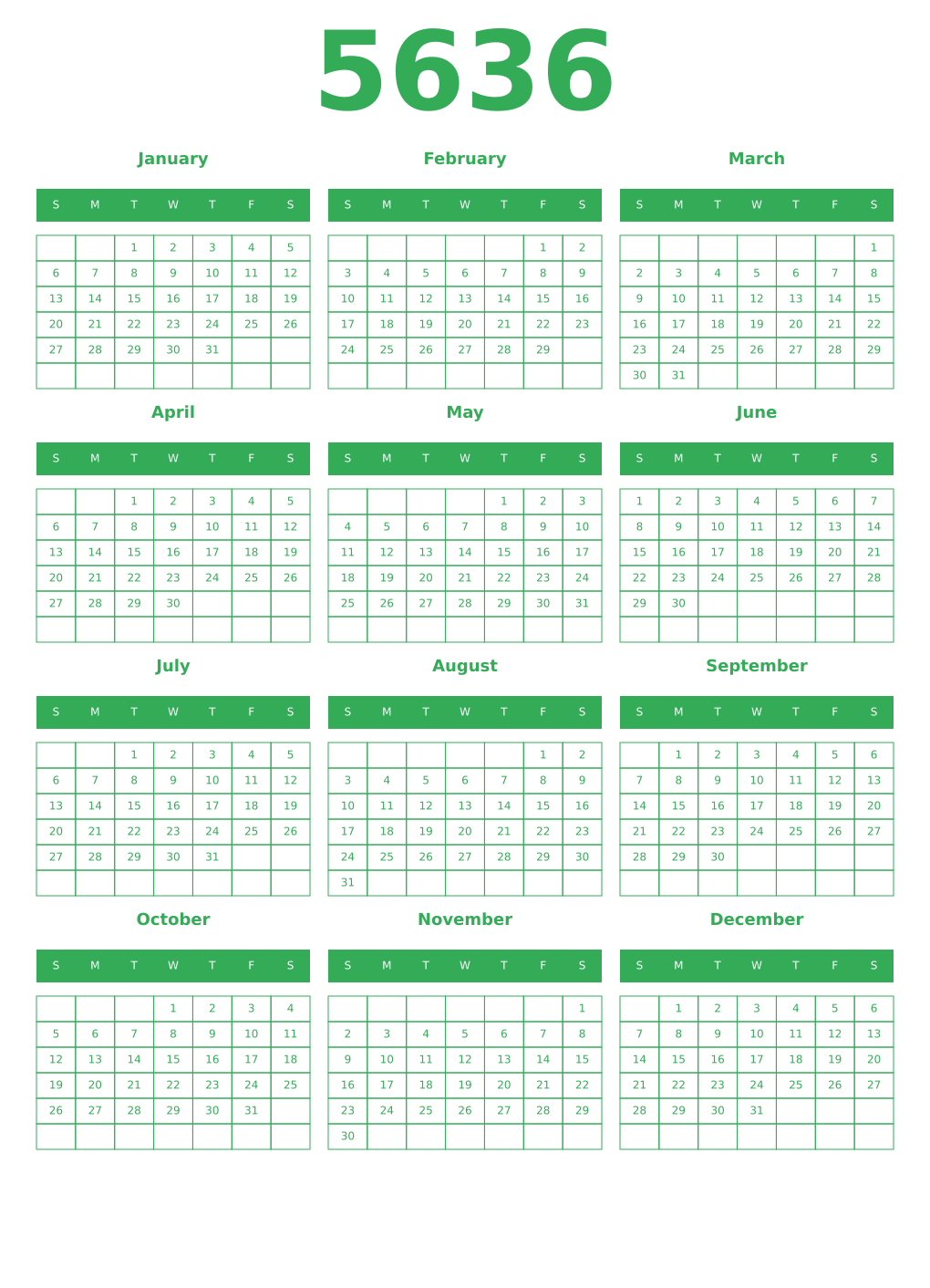 Printable 5636 Year Calendars green