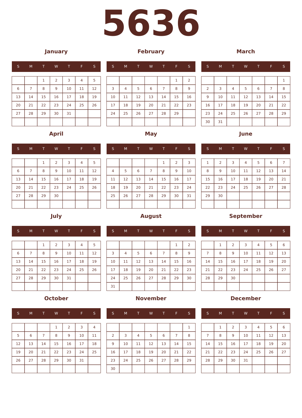 Printable 5636 Year Calendars mortuum