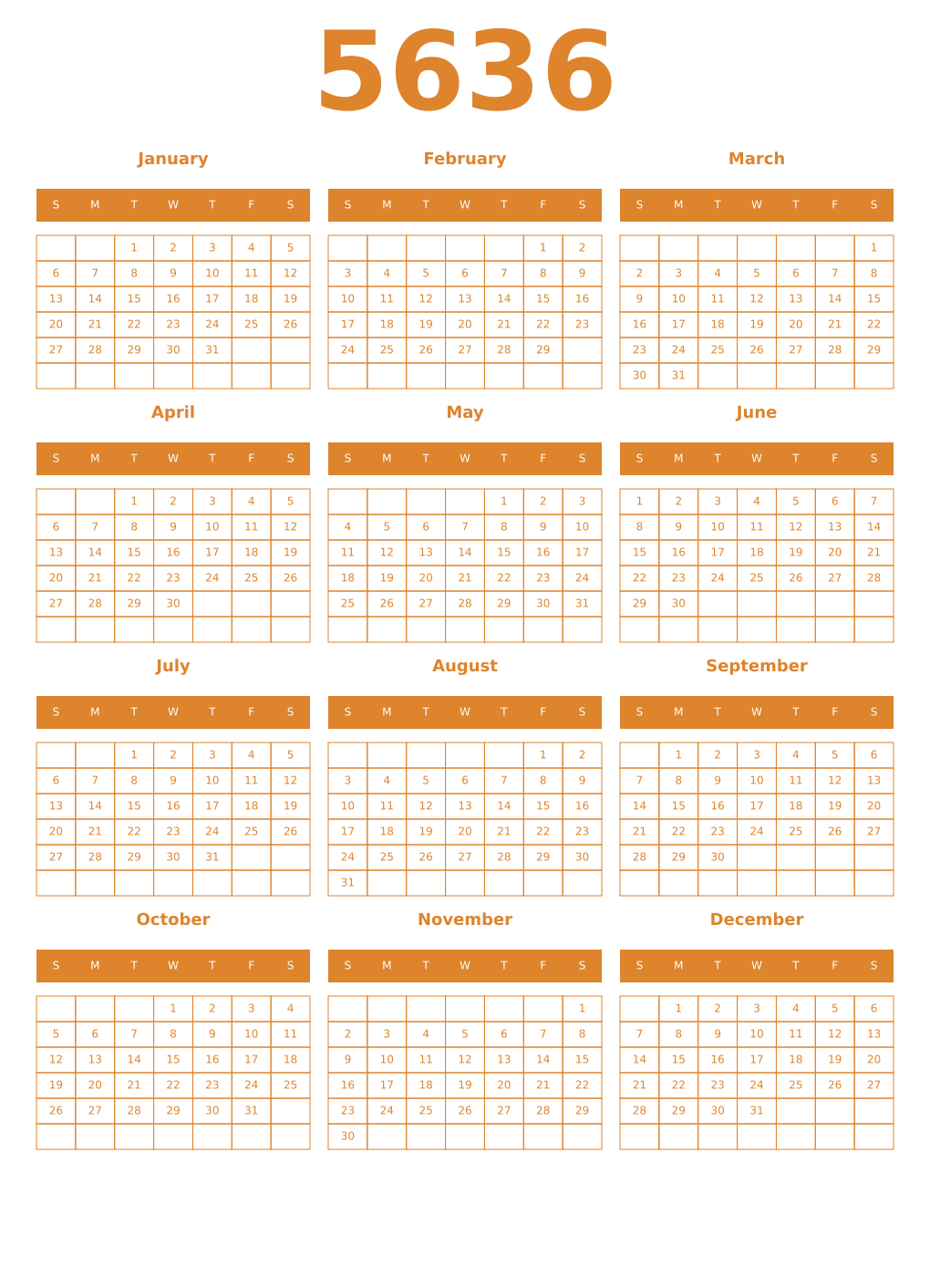 Printable 5636 Year Calendars orange