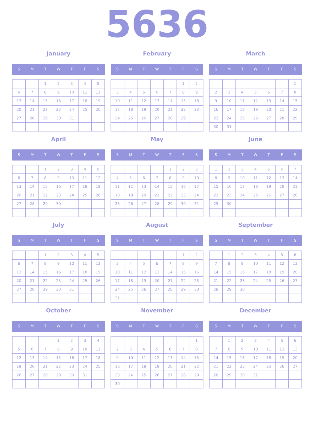 Printable 5636 Year Calendars periwinkle