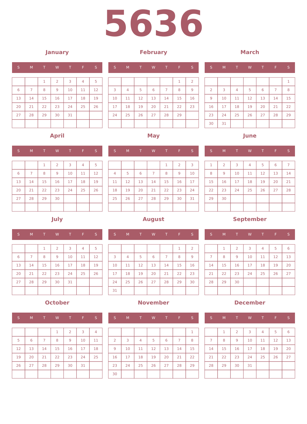 Printable 5636 Year Calendars puce