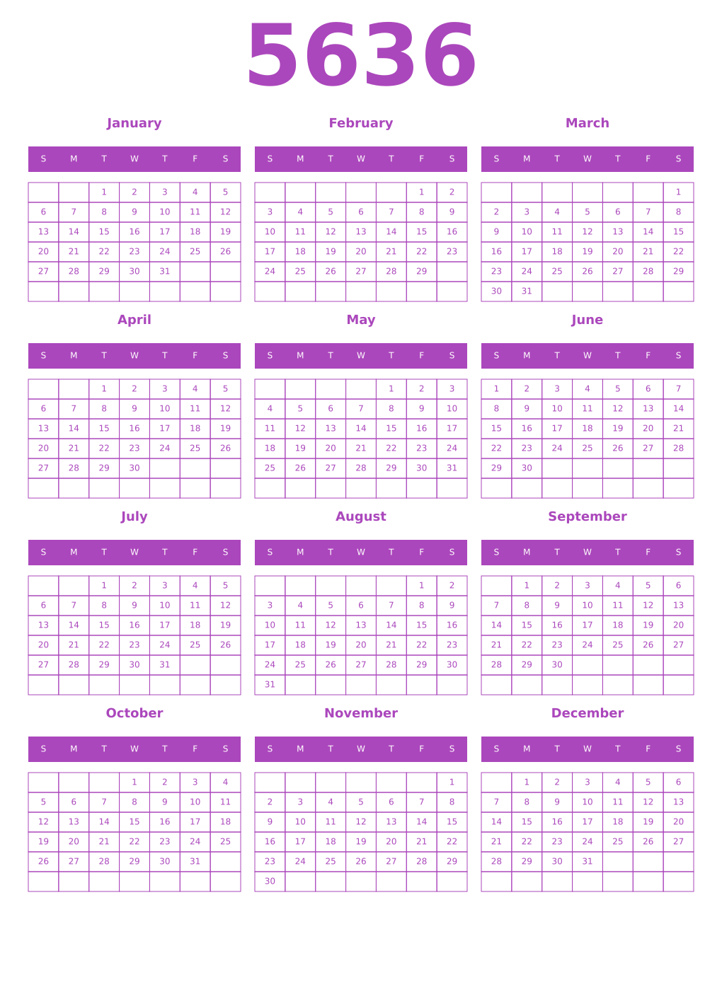 Printable 5636 Year Calendars purple