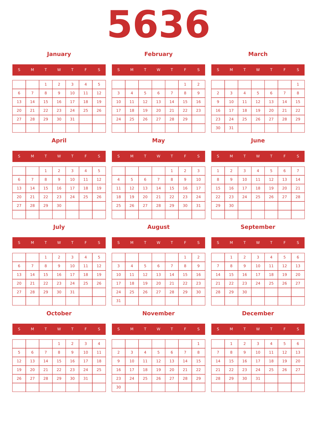 Printable 5636 Year Calendars red