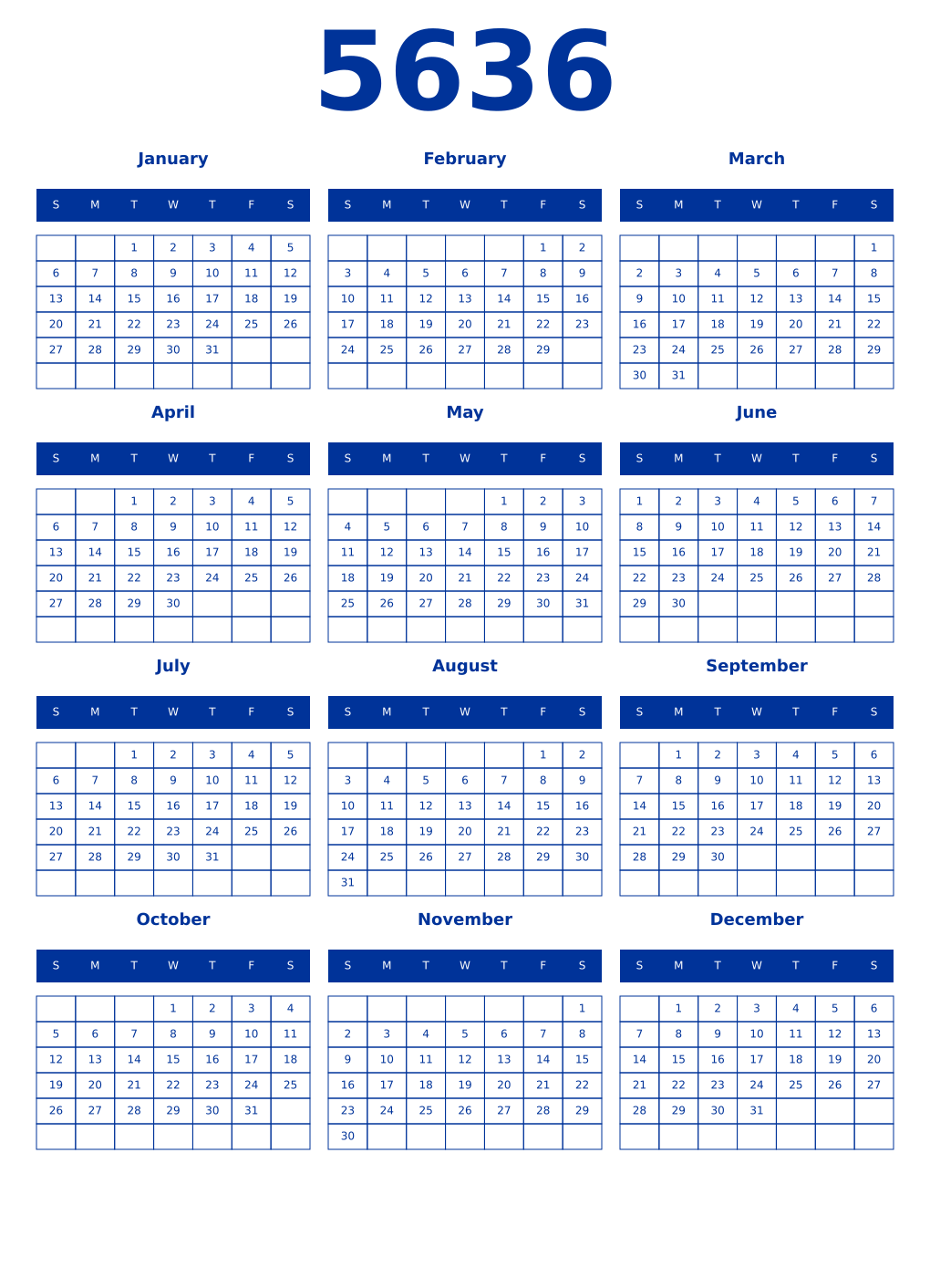 Printable 5636 Year Calendars smalt