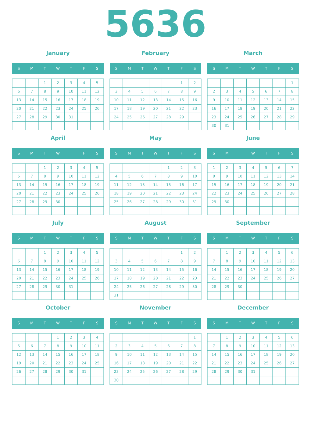 Printable 5636 Year Calendars verdigris